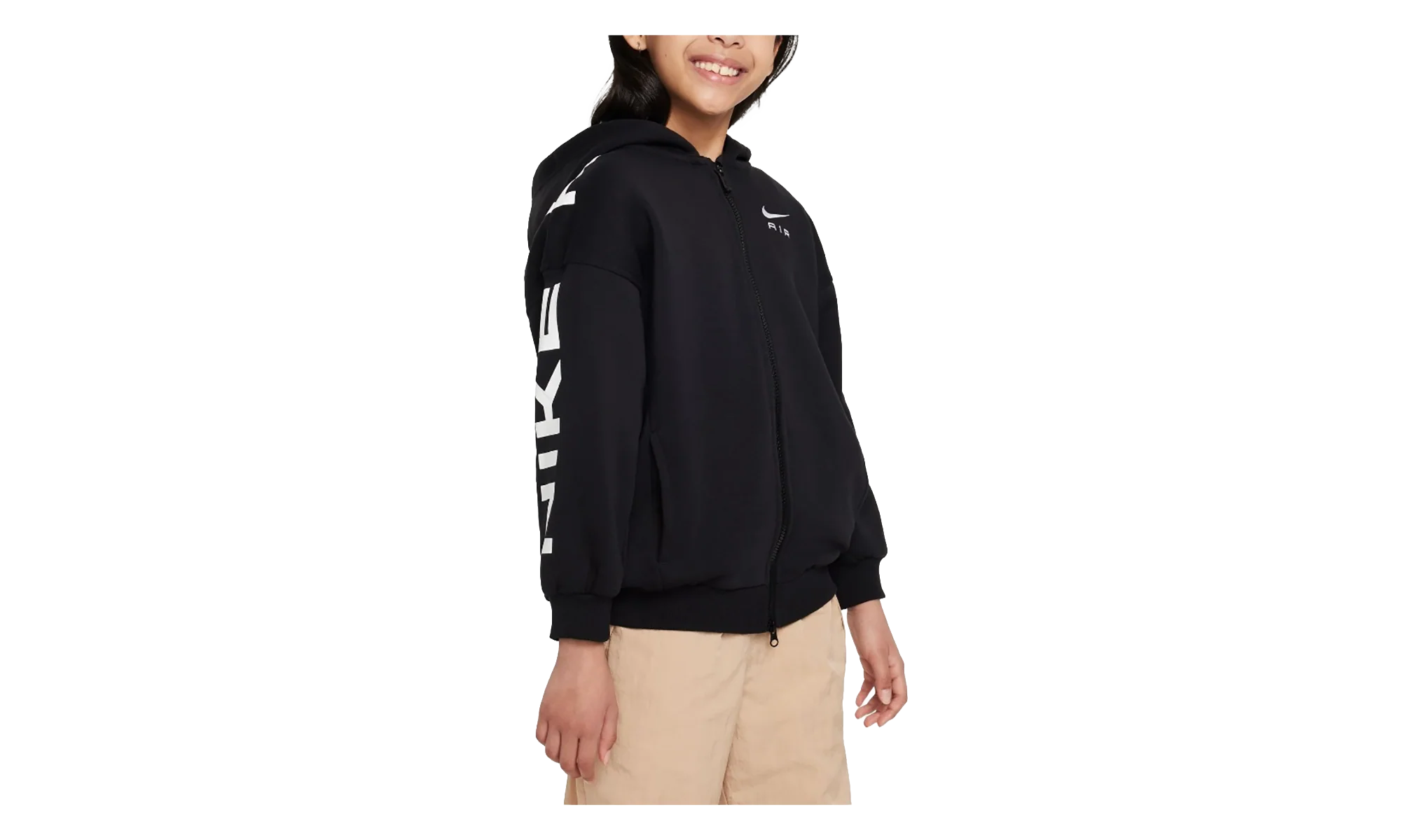 Air Club Fleece Girls' Oversized Full-Zip Hoodie GS "Black / White" FD2960 010