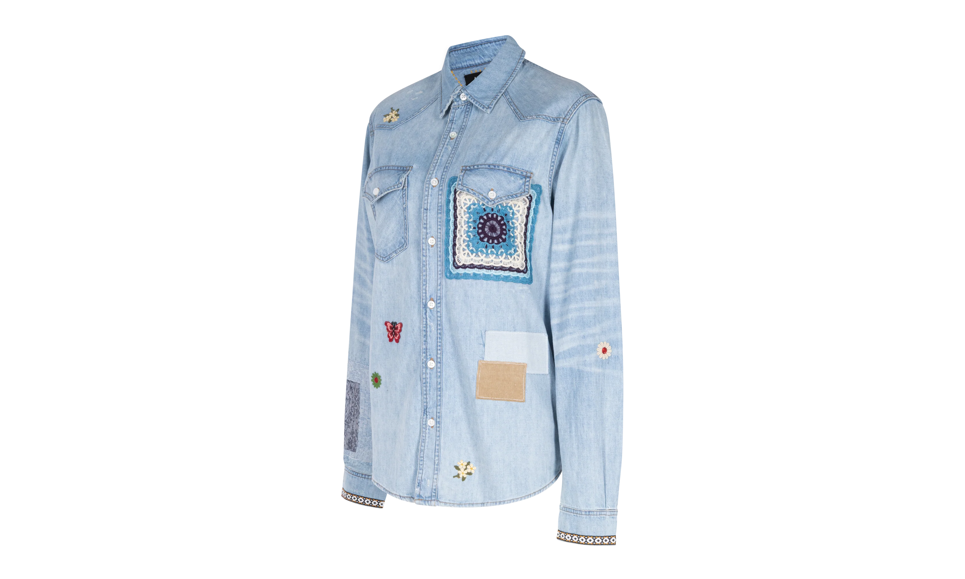Crochet And Patch Denim Shirt "Blue" XTPS 0219 - Image 2