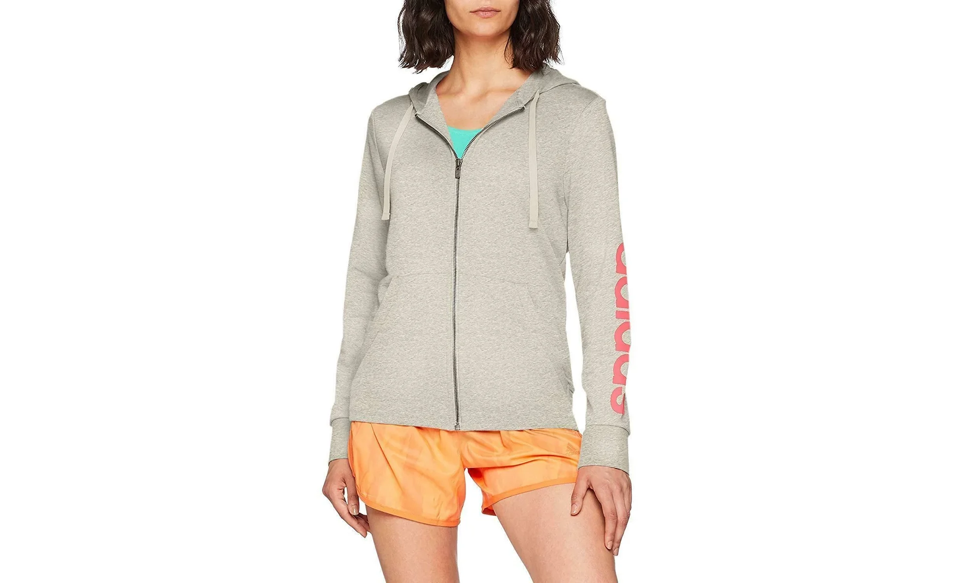 Essential Linear Fullzip Hoodie WMNS "Medium Grey Heather / Real Pink" CF8800