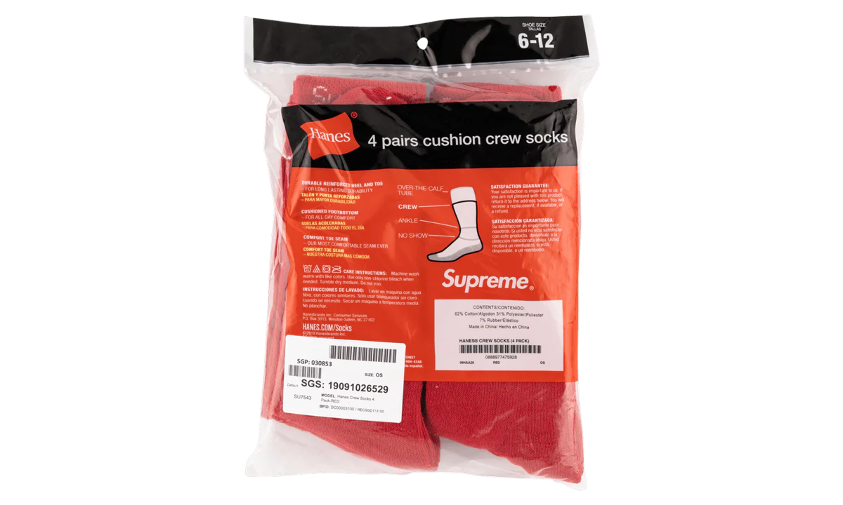 Hanes Crew Socks 4 Pack "Red" SU7543 - Image 3