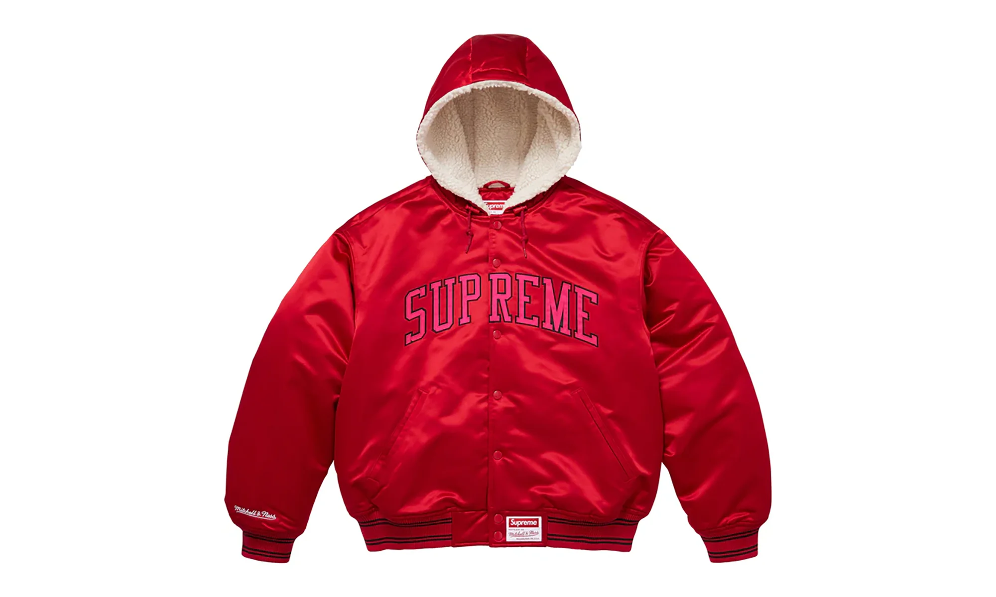 Mitchell & Ness® Lined Hooded Satin Varsity Jacket "FW25 - Red" SU26299