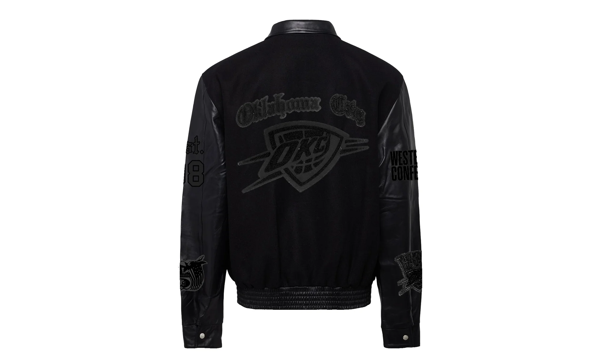 Oklahoma City Thunder Wool & Leather Old English Varsity Jacket "Black / Black" NBA OKL THU 102 - Image 2