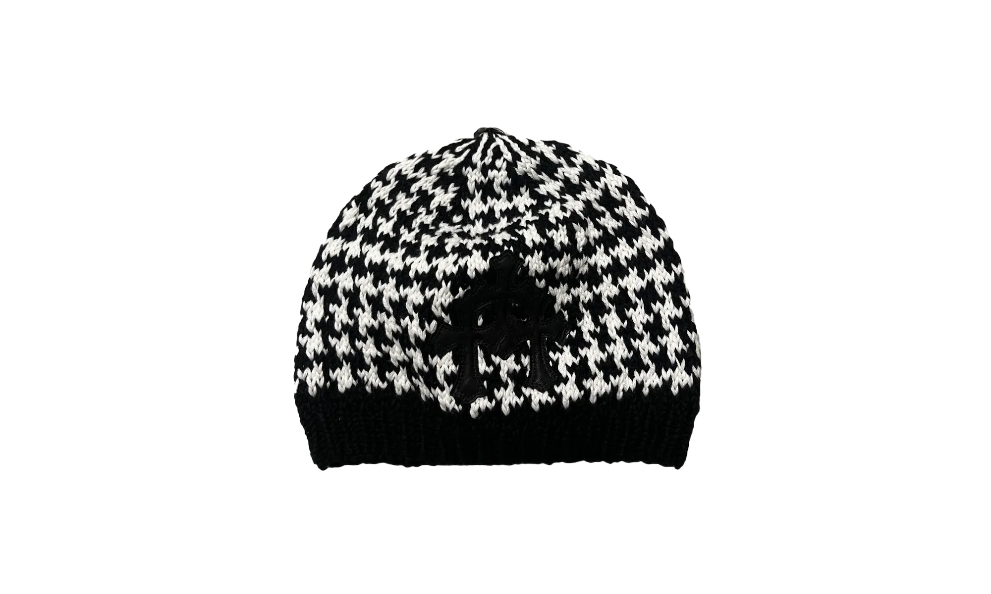 Triple leather cross houndstooth cashmere beanie "Black/White" CHRM0449